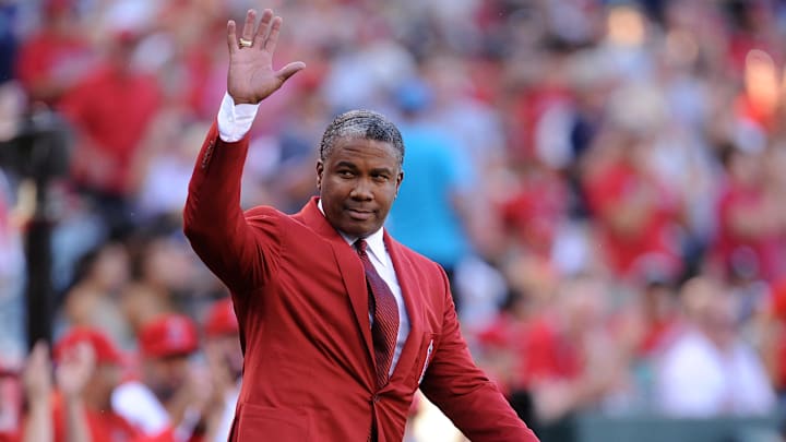 August 20, 2016; Anaheim, CA, USA; Former Los Angeles Angels player Garret Anderson acknowledges spectators before being introduced for induction into the Angels hall of fame at Angel Stadium of Anaheim. Mandatory Credit: Gary A. Vasquez-Imagn Images