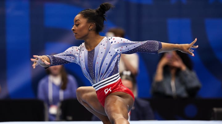 Simone Biles competes on the floor during the U.S. Olympic Team Gymnastics Trials at Target Center. Mandatory Credit: Matt Krohn-USA TODAY Sports
