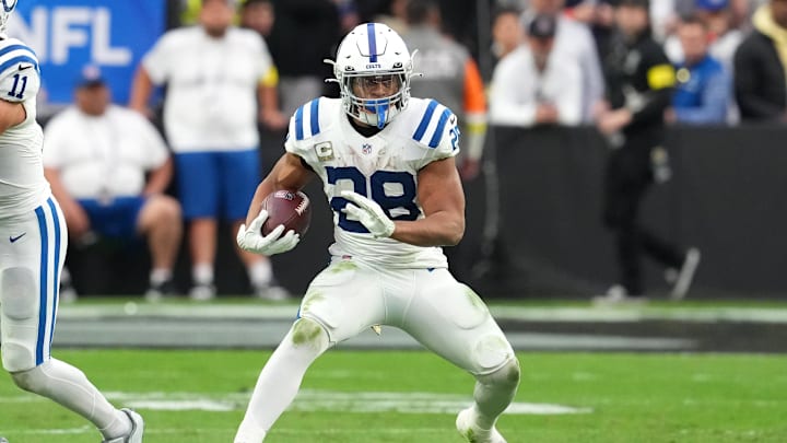 Nov 13, 2022; Paradise, Nevada, USA; Indianapolis Colts running back Jonathan Taylor (28) gains
