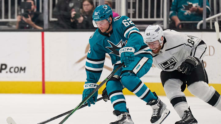 Apr 4, 2024; San Jose, California, USA; Los Angeles Kings defenseman Vladislav Gavrikov (84) extends