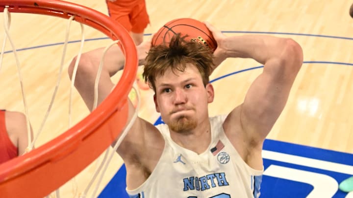 Mar 12, 2026; Charlotte, NC, USA; North Carolina Tar Heels center Henri Veesaar (13) shoots in the second half at Spectrum Center. Mandatory Credit: Bob Donnan-Imagn Images