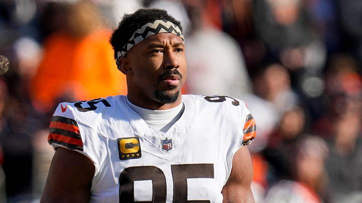 Cleveland Browns defensive end Myles Garrett (95) walks on to the field after a timeout in the first quarter of the NFL Week 18 game between the Cincinnati Bengals and the Cleveland Browns at Paycor Stadium in Downtown Cincinnati on Sunday, Jan. 4, 2026.
