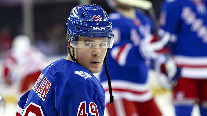 Apr 4, 2026; New York, New York, USA; New York Rangers right wing Jaroslav Chmelar (49) warms up before the first period at Madison Square Garden. Mandatory Credit: Danny Wild-Imagn Images
