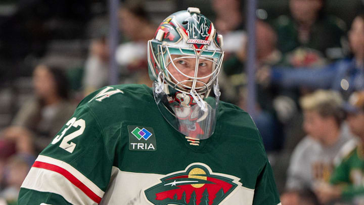 Oct 1, 2024; Saint Paul, Minnesota, USA; Minnesota Wild goaltender Filip Gustavsson (32) during a break in the action against the Chicago Blackhawks in the first period at Xcel Energy Center. Mandatory Credit: Matt Blewett-Imagn Images