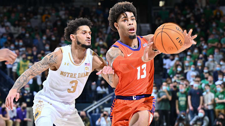 Jan 12, 2022; South Bend, Indiana, USA; Clemson Tigers guard David Collins (13) passes the ball.