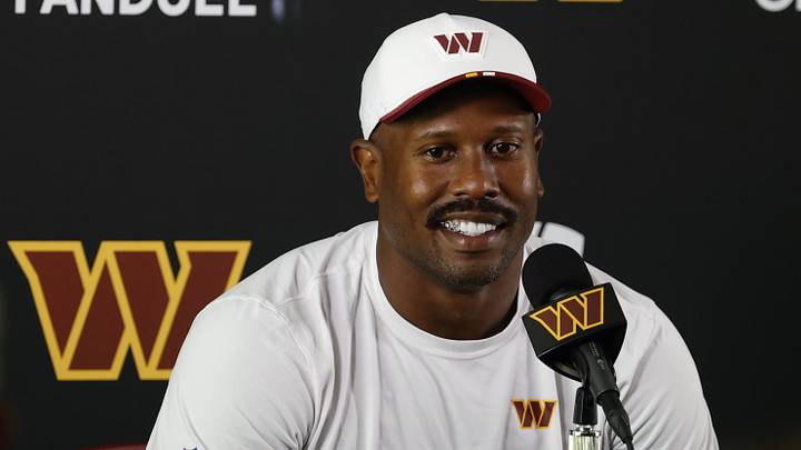 Jul 24, 2025; Ashburn, VA, USA; Washington Commanders outside linebacker Von Miller (24) speaks with the media after practice on day two of training camp at OrthoVirginia Training Center at Commanders Park. 