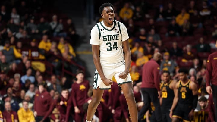 Dec 4, 2024; Minneapolis, Minnesota, USA; Michigan State Spartans forward Xavier Booker (34) celebrates his three-point basket against the Minnesota Golden Gophers during the second half at Williams Arena. Mandatory Credit: Matt Krohn-Imagn Images