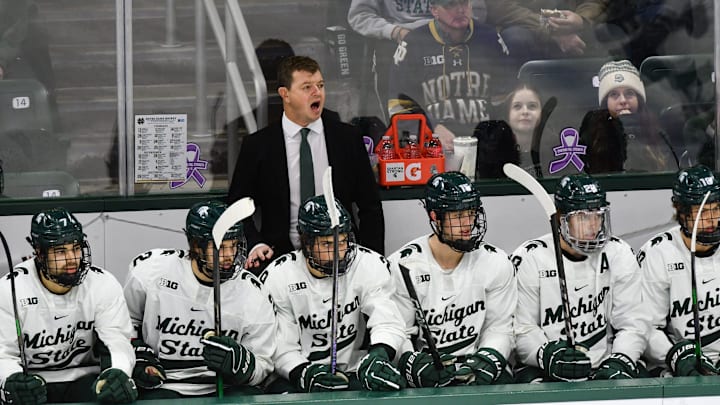 MSU hockey coach Adam Nightingale coaches his Spartans against Notre Dame, Saturday, Nov. 15, 2024, at Munn Ice Arena. MSU won 4-3 to sweep the series.