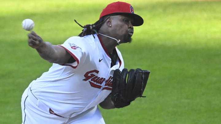 Apr 12, 2025; Cleveland, Ohio, USA; Cleveland Guardians starting pitcher Luis Ortiz (45) delivers a pitch in the first inning against the Kansas City Royals at Progressive Field. Mandatory Credit: David Richard-Imagn Images