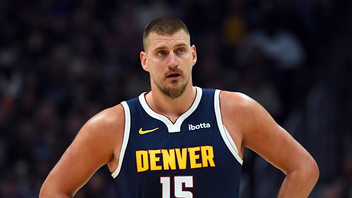 Oct 25, 2025; Denver, Colorado, USA; Denver Nuggets center Nikola Jokic (15) during the first half against the Phoenix Suns at Ball Arena.