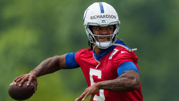 Indianapolis Colts quarterback Anthony Richardson (5) works through passing drills Wednesday, June 14, 2023, during mandatory minicamp at the Indiana Farm Bureau Football Center in Indianapolis.