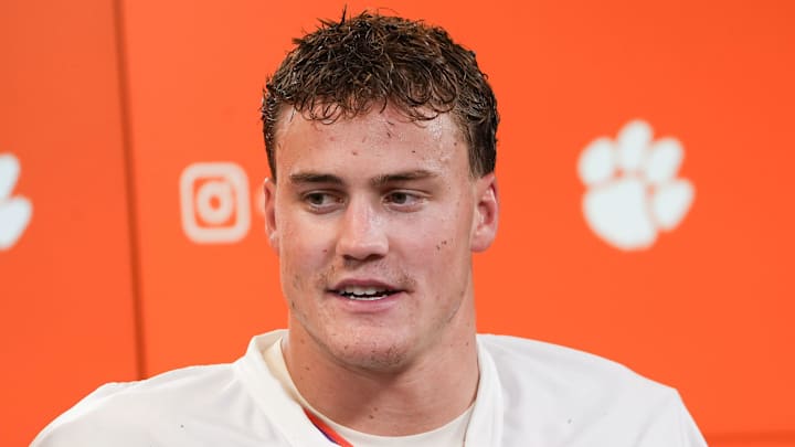 Clemson linebacker Wade Woodaz speaks during Clemson football first summer 2025 practice at the Allen N. Reeves Football Complex in Clemson, S.C. Thursday, July 31, 2025.