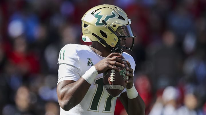 Oct 8, 2022; Cincinnati, Ohio, USA; South Florida Bulls quarterback Gerry Bohanon (11) plays the field against the Cincinnati Bearcats in the first half at Nippert Stadium. Mandatory Credit: Katie Stratman-USA TODAY Sports