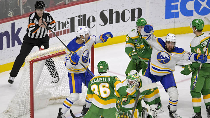 Feb 17, 2024; Saint Paul, Minnesota, USA;  Buffalo Sabres forward Dylan Cozens (24) celebrates his