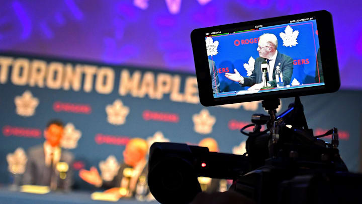 May 4, 2026; Toronto, Ontario, CANADA;  Maple Leaf Sport and Entertainment CEO Keith Pelley is shown on a video camera monitor as he introduces the Toronto Maple Leafs new general manager John Chayka during an introductory news conference at Real Sports Bar and Grill. Mandatory Credit: Dan Hamilton-Imagn Images