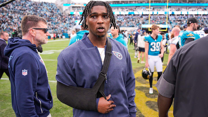 Tennessee Titans quarterback Cam Ward (1) walks off the field after the game at EverBank Stadium, Sunday, Jan. 4, 2026, in Jacksonville, Fla. The Jaguars defeated the Titans 41-7 [Doug Engle/Florida Times-Union]