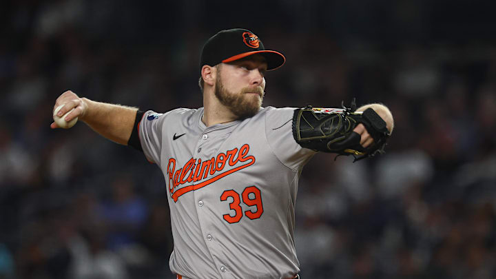 Sep 26, 2024; Bronx, New York, USA; Baltimore Orioles starting pitcher Corbin Burnes (39) delivers a pitch during the first inning against the New York Yankees at Yankee Stadium.