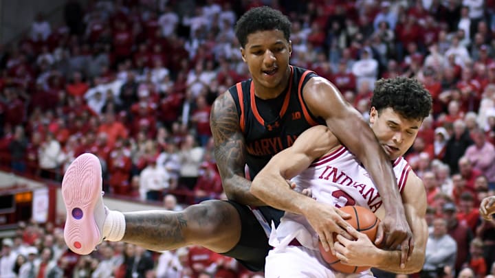 Indiana Hoosiers guard Anthony Leal (3) is fouled by Maryland Terrapins forward Julian Reese (10) during the second half at Simon Skjodt Assembly Hall.