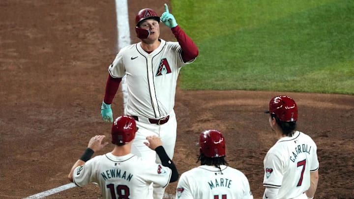Jun 13, 2024; Phoenix, Arizona, USA; Arizona Diamondbacks designated hitter Joc Pederson (3) celebrates after hitting a grand slam home run against the Los Angeles Angels during the seventh inning at Chase Field. Mandatory Credit: Joe Camporeale-USA TODAY Sports