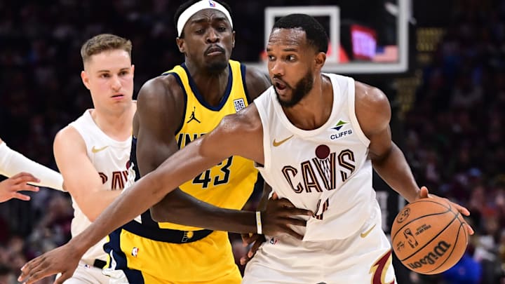 May 4, 2025; Cleveland, Ohio, USA; Indiana Pacers forward Pascal Siakam (43) defends Cleveland Cavaliers forward Evan Mobley (4) during the second half in game one of the second round for the 2025 NBA Playoffs at Rocket Arena. Mandatory Credit: Ken Blaze-Imagn Images