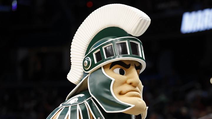 Mar 27, 2026; Washington, DC, USA; The Michigan State Spartans mascot perform in the first half during a Sweet Sixteen game of the East Regional of the men's 2026 NCAA Tournament at Capital One Arena. Mandatory Credit: Geoff Burke-Imagn Images Mar 27, 2026; Washington, DC, USA; The Michigan State Spartans mascot perform in the first half during a Sweet Sixteen game of the East Regional of the men's 2026 NCAA Tournament at Capital One Arena. Mandatory Credit: Geoff Burke-Imagn Images