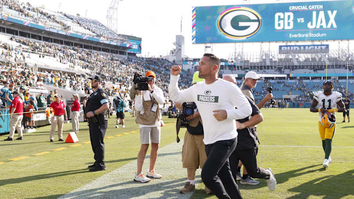 Green Bay Packers coach Matt LaFleur celebrates after beating the Jacksonville Jaguars.