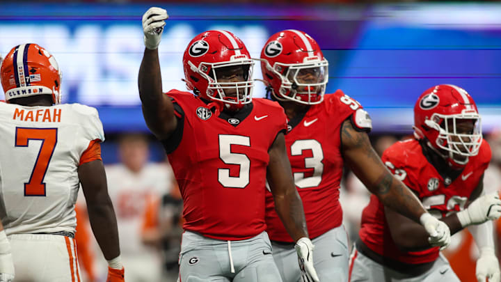 Aug 31, 2024; Atlanta, Georgia, USA; Georgia Bulldogs linebacker Raylen Wilson (5) reacts after a tackle against the Clemson Tigers in the third quarter at Mercedes-Benz Stadium. Mandatory Credit: Brett Davis-Imagn Images
