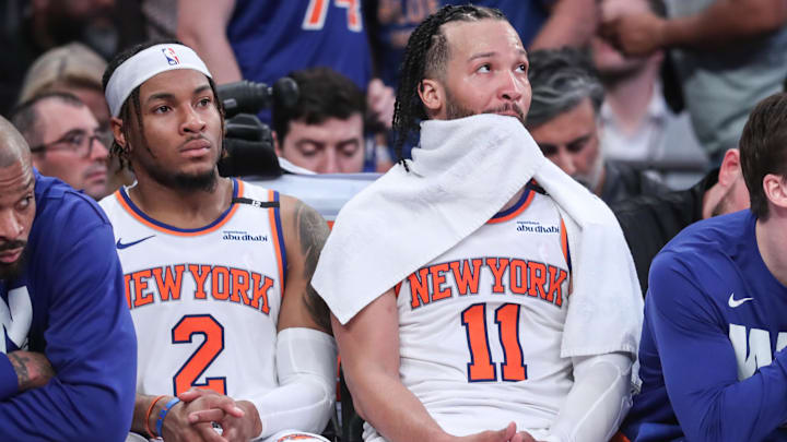 May 10, 2025; New York, New York, USA; New York Knicks guards Miles McBride (2) and Jalen Brunson (11) sit on the bench in the closing minute of the fourth quarter against the Boston Celtics during game three of the second round for the 2025 NBA Playoffs at Madison Square Garden.