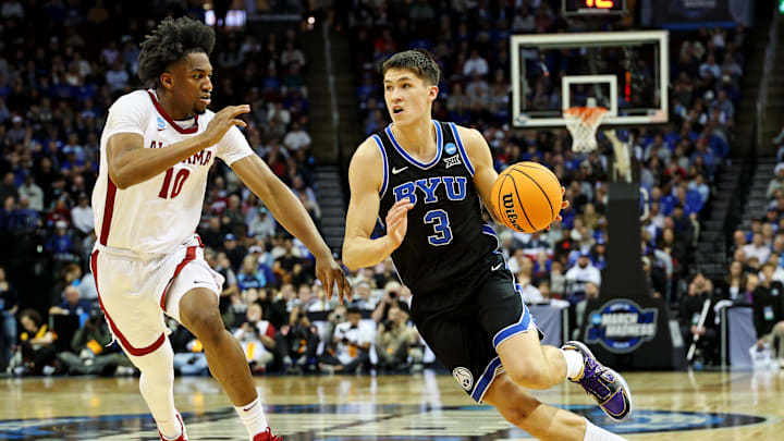 Mar 27, 2025; Newark, NJ, USA; Brigham Young Cougars guard Egor Demin (3) drives to the basket against Alabama Crimson Tide forward Mouhamed Dioubate (10) during the first half during an East Regional semifinal of the 2025 NCAA tournament at Prudential Center. Mandatory Credit: Vincent Carchietta-Imagn Images