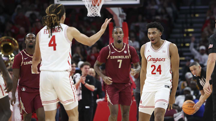 Houston Cougars forward Chase McCarty (24) reacts after a play during the second half against the Florida State Seminoles at Toyota Center. Mandatory Credit: Troy Taormina-Imagn Images