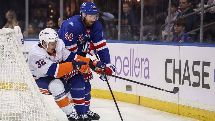 Sep 22, 2026; New York, New York, USA; New York Islanders center Kyle MacLean (32) and New York Rangers defenseman Vladislav Gavrikov (44) battle for control of the puck in the third period at Madison Square Garden. Mandatory Credit: Wendell Cruz-Imagn Images Sep 22, 2026; New York, New York, USA; New York Islanders center Kyle MacLean (32) and New York Rangers defenseman Vladislav Gavrikov (44) battle for control of the puck in the third period at Madison Square Garden. Mandatory Credit: Wendell Cruz-Imagn Images