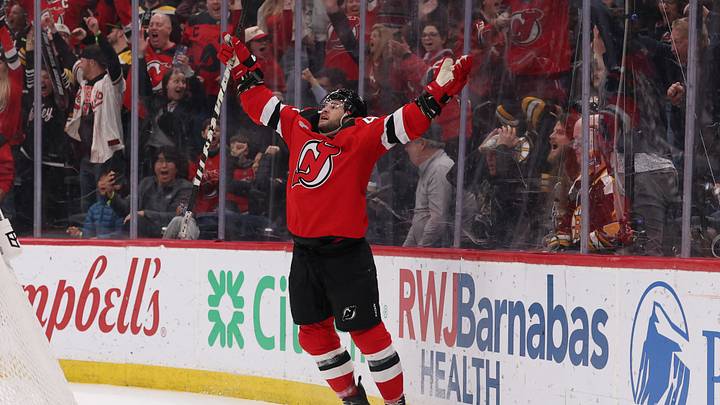 Mar 16, 2026; Newark, New Jersey, USA; New Jersey Devils left wing Paul Cotter (47) celebrates his game winning goal against the Boston Bruins during overtime at Prudential Center. Mandatory Credit: Ed Mulholland-Imagn Images