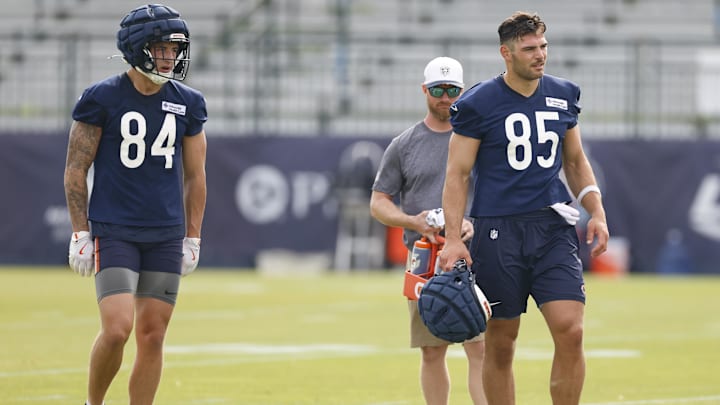 The two Bears tight end weapons, Colston Loveland and Cole Kmet, have Caleb Williams' attention in practice.