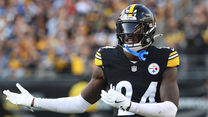 Nov 2, 2025; Pittsburgh, Pennsylvania, USA;  Pittsburgh Steelers cornerback Joey Porter Jr. (24) reacts on the field against the Indianapolis Colts during the fourth quarter at Acrisure Stadium. Mandatory Credit: Charles LeClaire-Imagn Images