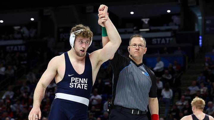 Penn State Nittany Lions heavyweight Cole Mirasola has his arm raised after defeating Northwestern’s Gabe Christenson at the Big Ten Wrestling Championships at Bryce Jordan Center. Penn State Nittany Lions heavyweight Cole Mirasola has his arm raised after defeating Northwestern’s Gabe Christenson at the Big Ten Wrestling Championships at Bryce Jordan Center.