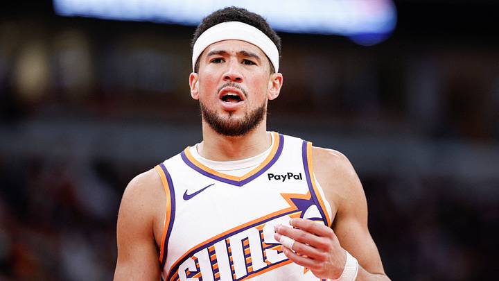 Apr 5, 2026; Chicago, Illinois, USA; Phoenix Suns guard Devin Booker (1) reacts during the second half at United Center. Mandatory Credit: Kamil Krzaczynski-Imagn Images Apr 5, 2026; Chicago, Illinois, USA; Phoenix Suns guard Devin Booker (1) reacts during the second half at United Center. Mandatory Credit: Kamil Krzaczynski-Imagn Images