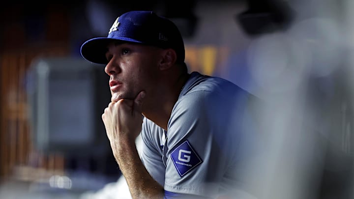 Oct 30, 2024; New York, New York, USA; Los Angeles Dodgers pitcher Jack Flaherty (0) reacts in the dugout after being relieved during the second inning against the New York Yankees in game four of the 2024 MLB World Series at Yankee Stadium. Oct 30, 2024; New York, New York, USA; Los Angeles Dodgers pitcher Jack Flaherty (0) reacts in the dugout after being relieved during the second inning against the New York Yankees in game four of the 2024 MLB World Series at Yankee Stadium.