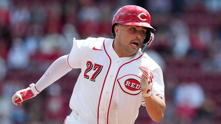 Cincinnati Reds first baseman Sal Stewart (27) runs for third on a Tyler Stephenson double in the eighth inning of the MLB National League game between the Cincinnati Reds and the Colorado Rockies at Great American Ball Park in downtown Cincinnati on Thursday, April 30, 2026. The Reds won 6-4.