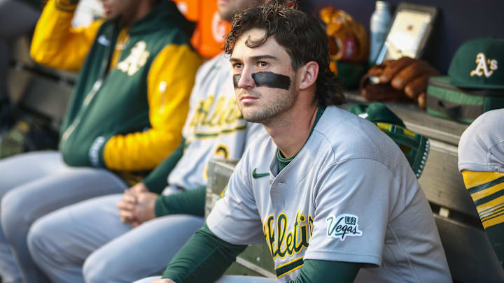 Apr 7, 2026; Bronx, New York, USA;  Athletics shortstop Jacob Wilson (5) at Yankee Stadium. Mandatory Credit: Wendell Cruz-Imagn Images