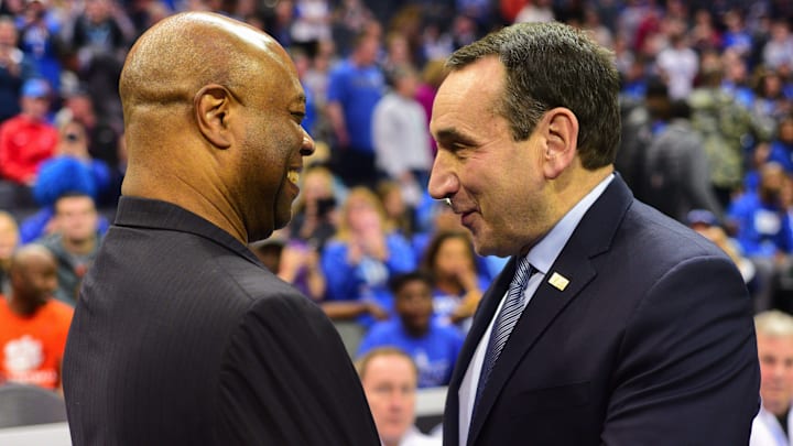 Florida State head coach Leonard Hamilton, left, and Duke head coach Mike Krzyzewski, right, embrace each other before the beginning of the ACC Championship game at the Spectrum Center on Saturday.

20190316 Dsc 3159