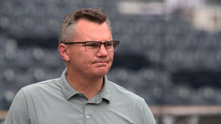 Apr 19, 2025; Pittsburgh, Pennsylvania, USA;  Pittsburgh Pirates general manager Ben Cherington observes batting practice before the game against the Cleveland Guardians   at PNC Park. Mandatory Credit: Charles LeClaire-Imagn Images