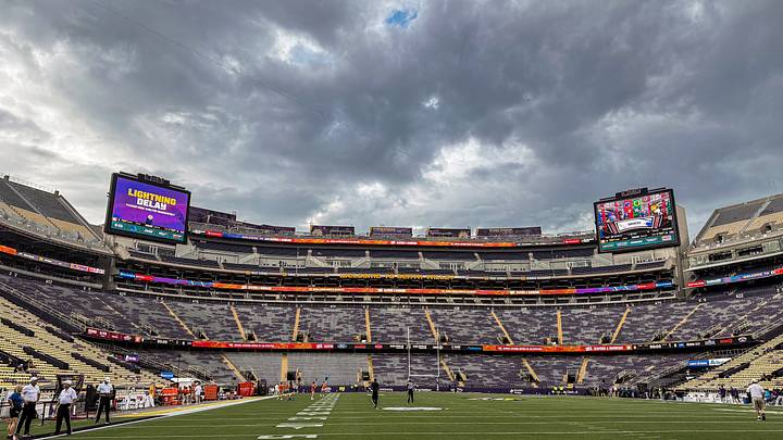 Lightning delay before the game between the LSU Tigers and the Clemson Tigers
