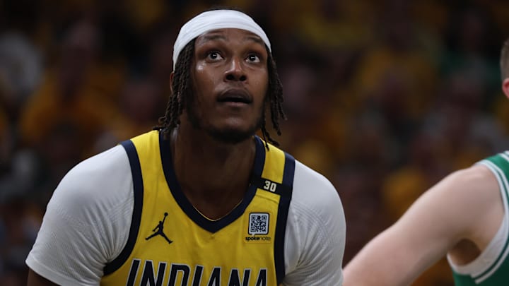 May 25, 2024; Indianapolis, Indiana, USA; Indiana Pacers center Myles Turner (33) looks on during the first quarter of game three of the eastern conference finals against the Boston Celtics in the 2024 NBA playoffs at Gainbridge Fieldhouse. Mandatory Credit: Trevor Ruszkowski-Imagn Images