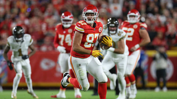 Kansas City Chiefs tight end Travis Kelce runs with the football against the New Orleans Saints. 