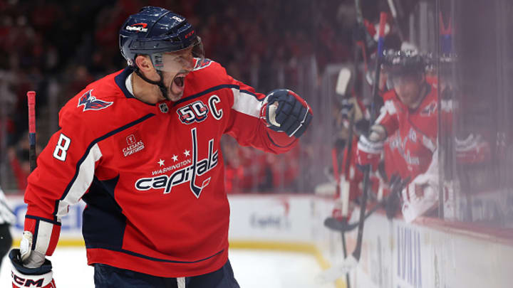 Alex Ovechkin celebrates after scoring a goal vs. the Edmonton Oilers
