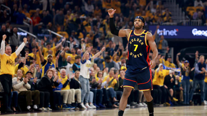 Buddy Hield #7 of the Golden State Warriors celebrates a basket against the Houston Rockets during the first quarter in Game Four of the Western Conference First Round NBA Playoffs at Chase Center on April 28, 2025 in San Francisco, California.