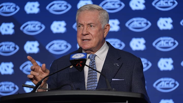 Jul 25, 2024; Charlotte, NC, USA;  UNC Tar Heels head coach Mack Brown speaks to the media during the ACC Kickoff at Hilton Charlotte Uptown. Mandatory Credit: Jim Dedmon-USA TODAY Sports
