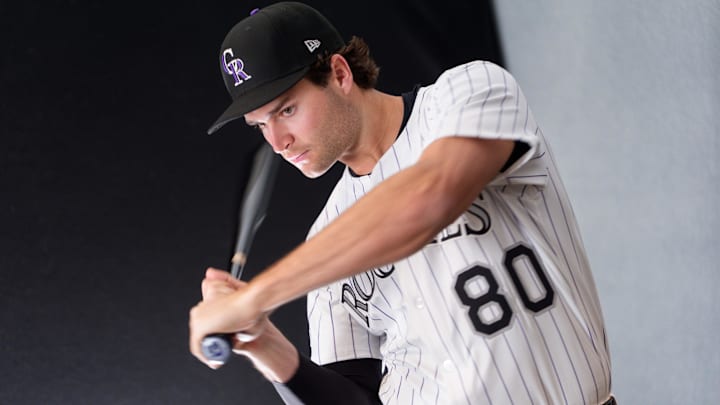 Feb 20, 2025; Scottsdale, AZ, USA;  Colorado Rockies infielder Kyle Karros (80) as shot during MLB Media Day at Salt River Fields. 
