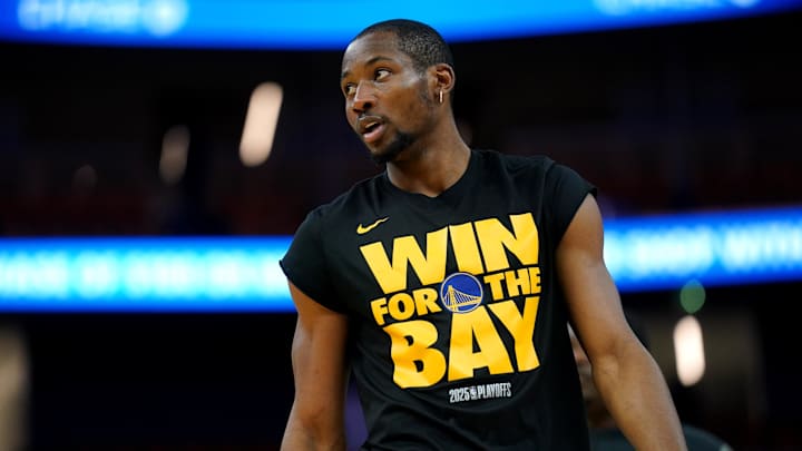 May 12, 2025; San Francisco, California, USA; Golden State Warriors forward Jonathan Kuminga (00) stands on the court during warmups against the Minnesota Timberwolves during game four of the second round for the 2025 NBA Playoffs at Chase Center. Mandatory Credit: Cary Edmondson-Imagn Images