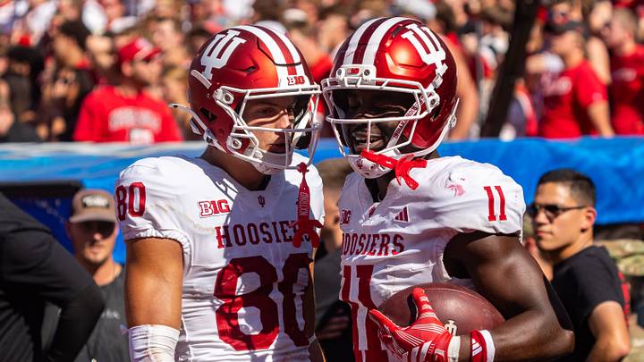 Oct 10, 2026; Lincoln, Nebraska, USA;  Indiana Hoosiers wide receiver Nick Marsh (11) and wide receiver Charlie Becker (80) celebrate after a touchdown against the Nebraska Cornhuskers during the fourth quarter at Memorial Stadium.  Mandatory Credit: Dylan Widger-Imagn Images